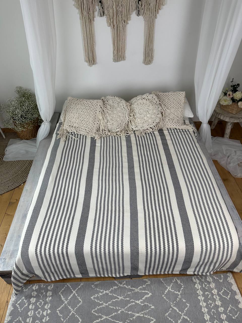 Plaid bedspread “Line”, 100% cotton, dark gray color
