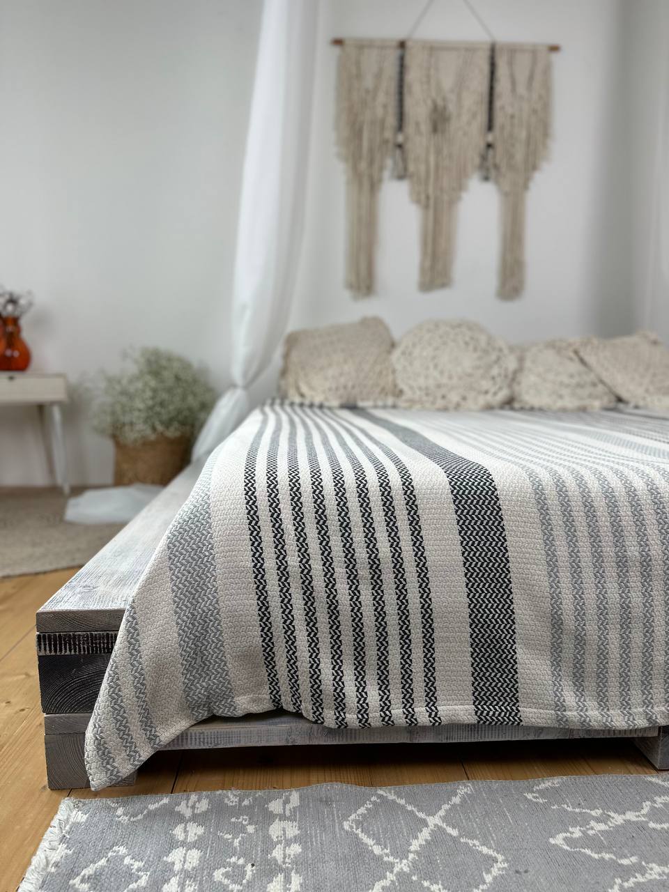 Plaid bedspread “Line”, 100% cotton, gray color