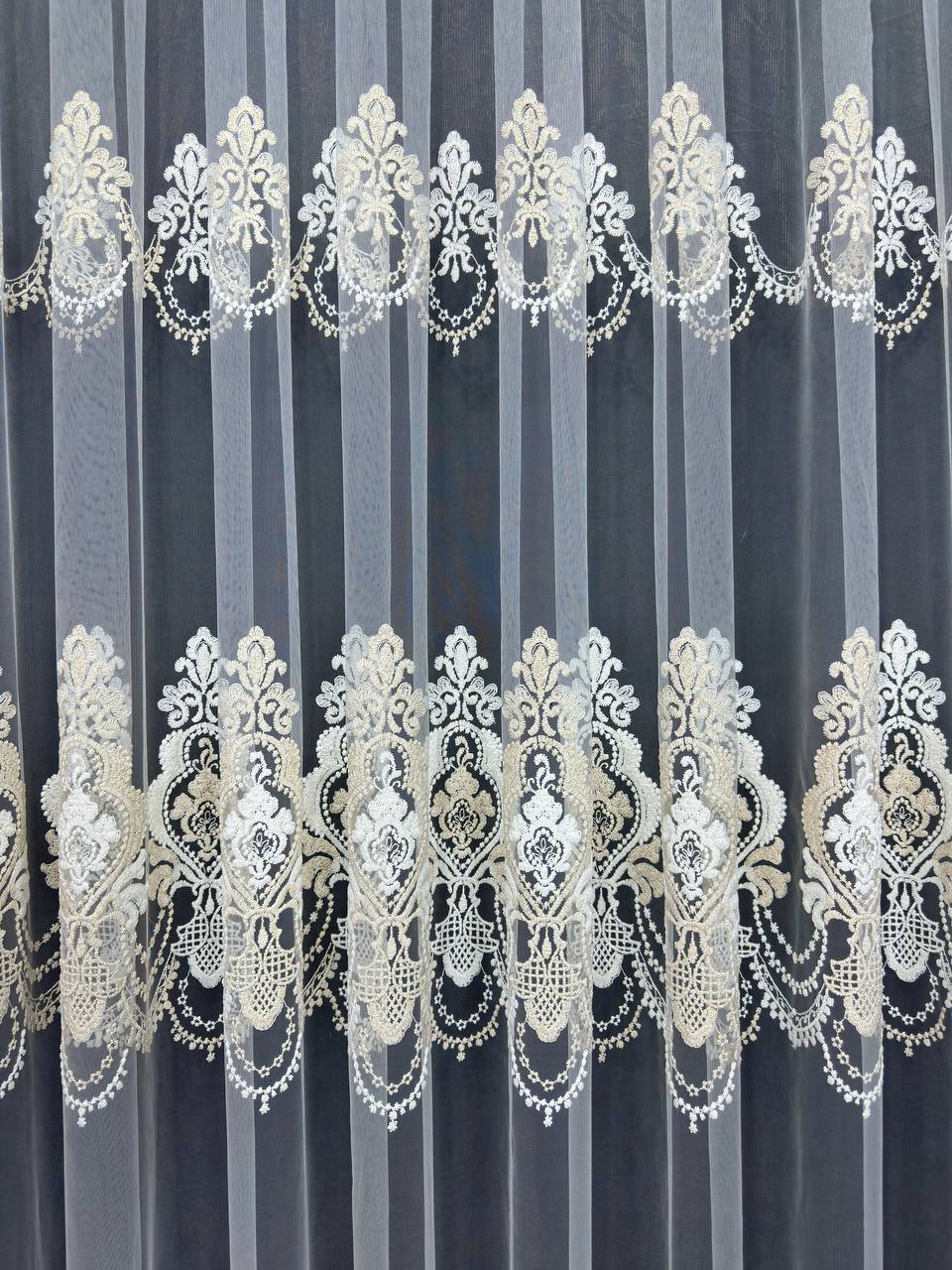 Premium quality sheer curtain with embroidery on the base, milk with gold color