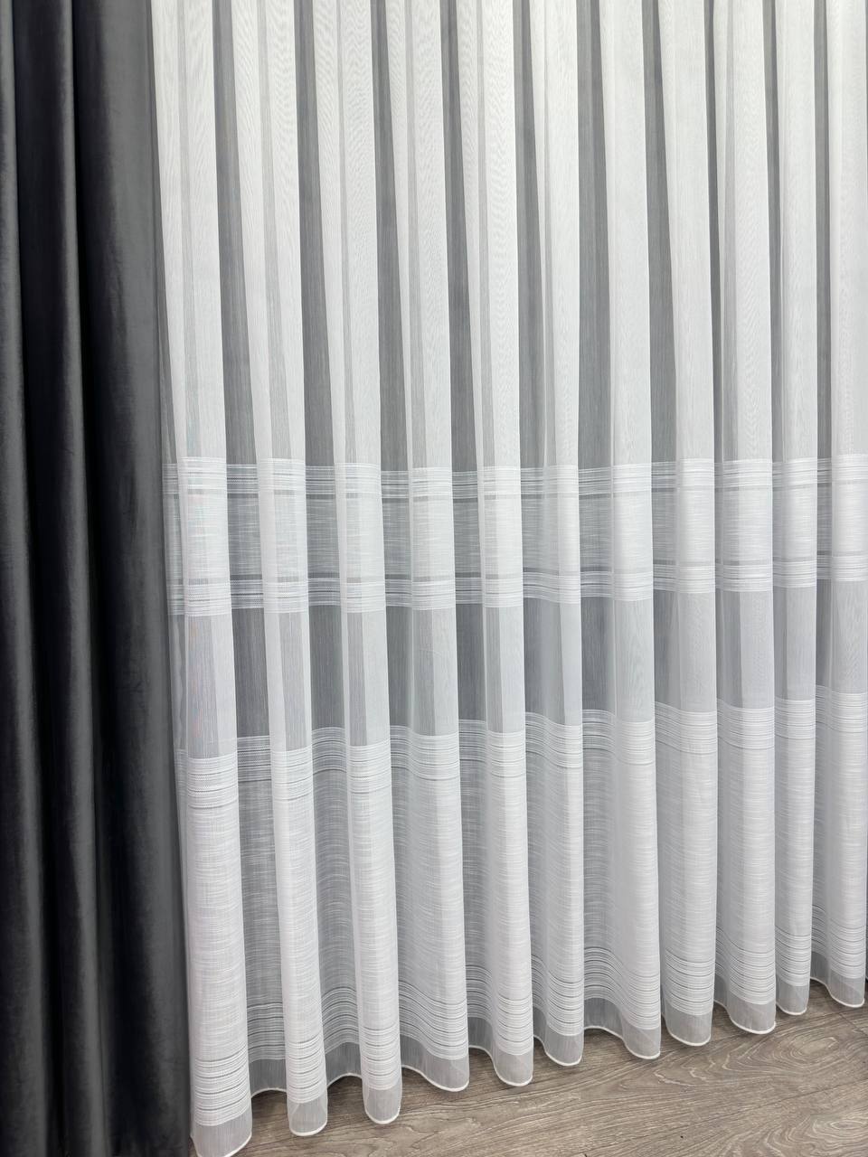 Bamboo-based sheer curtain with linen stripes, white color
