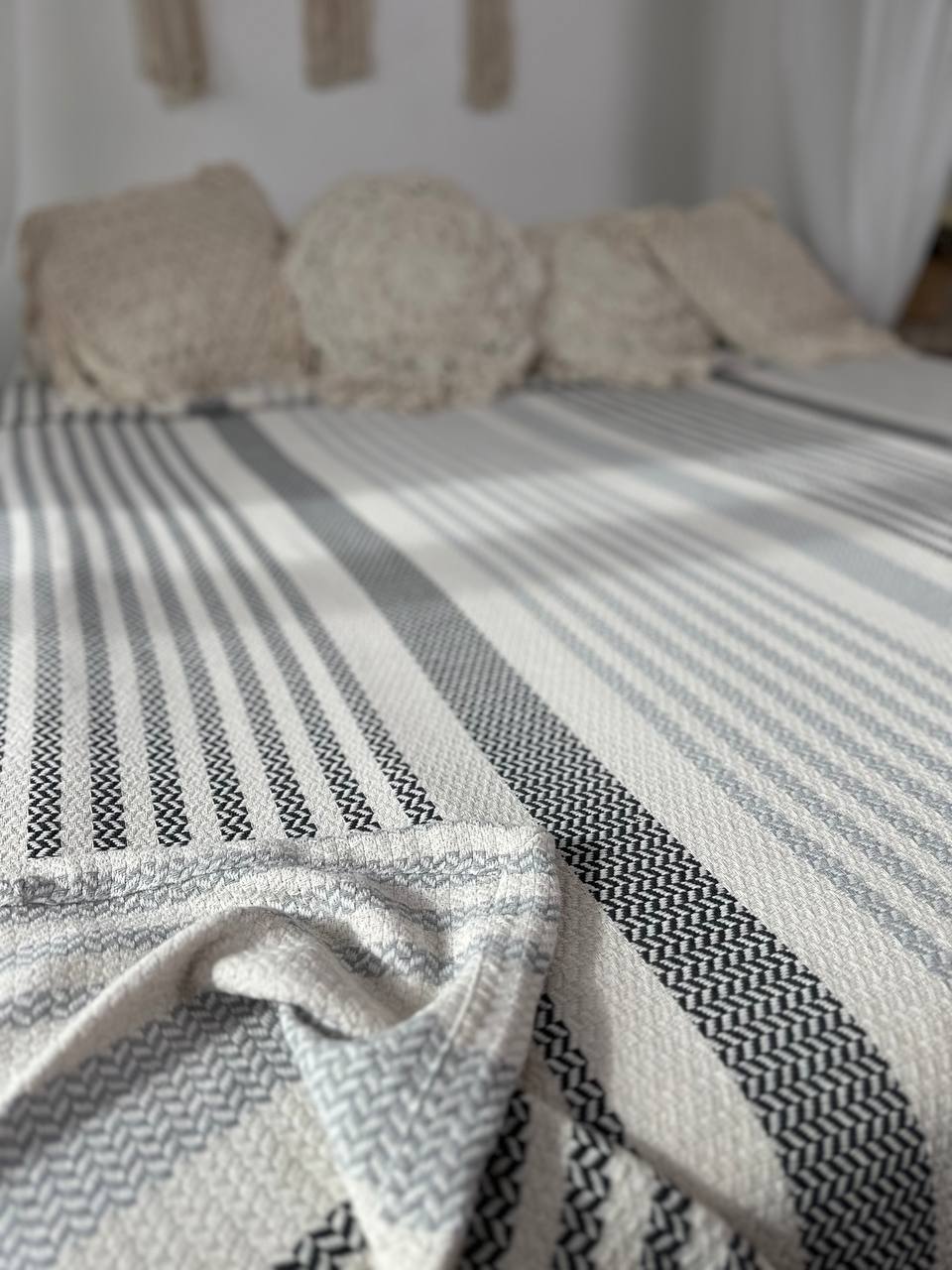 Plaid bedspread “Line”, 100% cotton, gray color