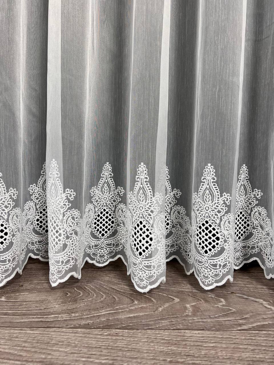 Sheer curtain with chenille embroidery on the bottom , white color