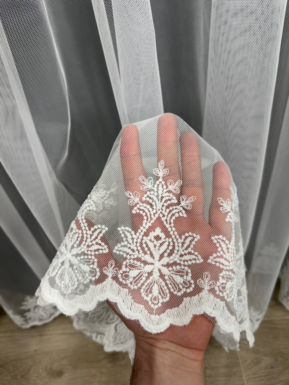 Sheer curtain with embroidered bottom, milk color