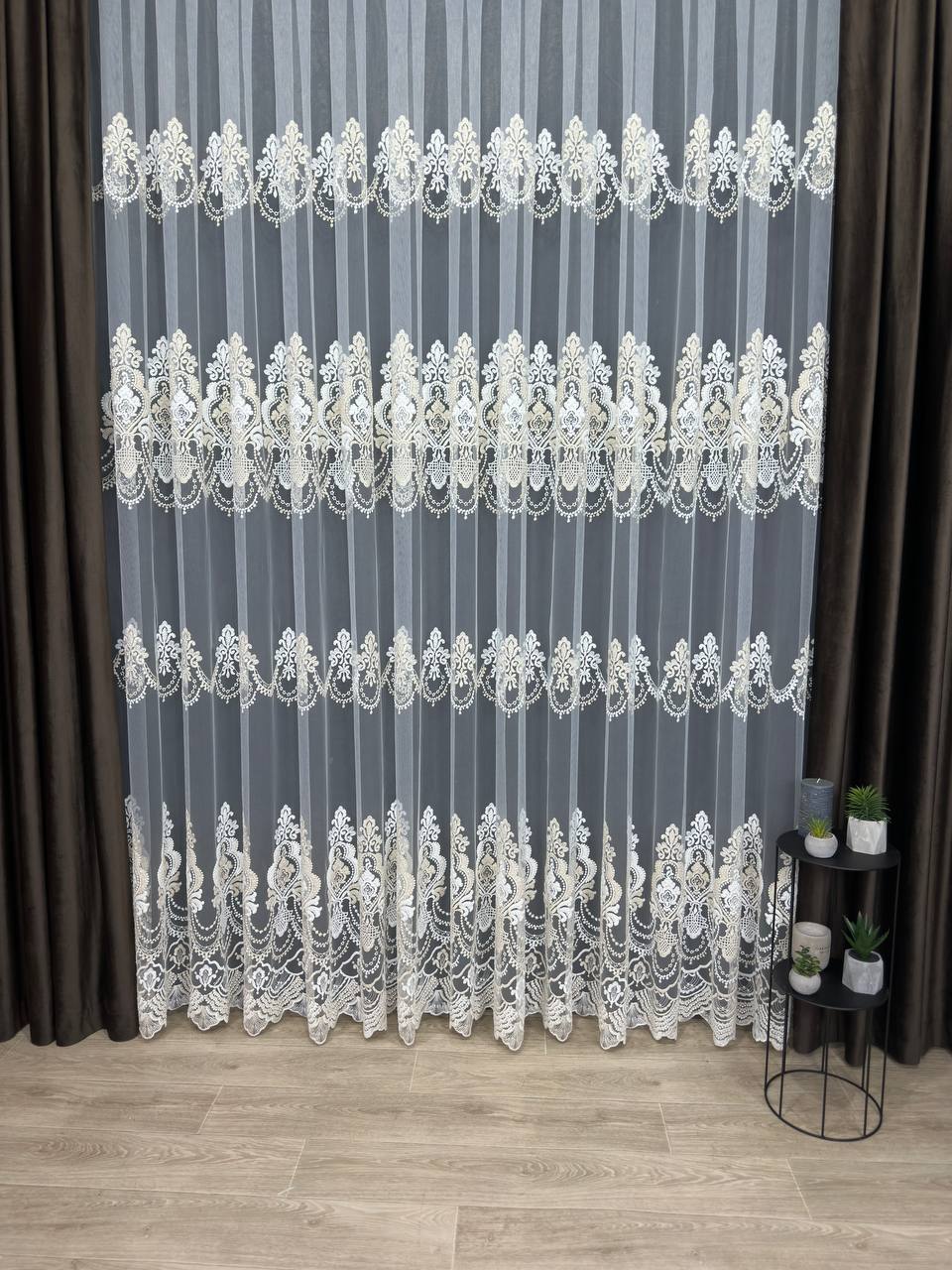 Premium quality sheer curtain with embroidery on the base, milk with gold color