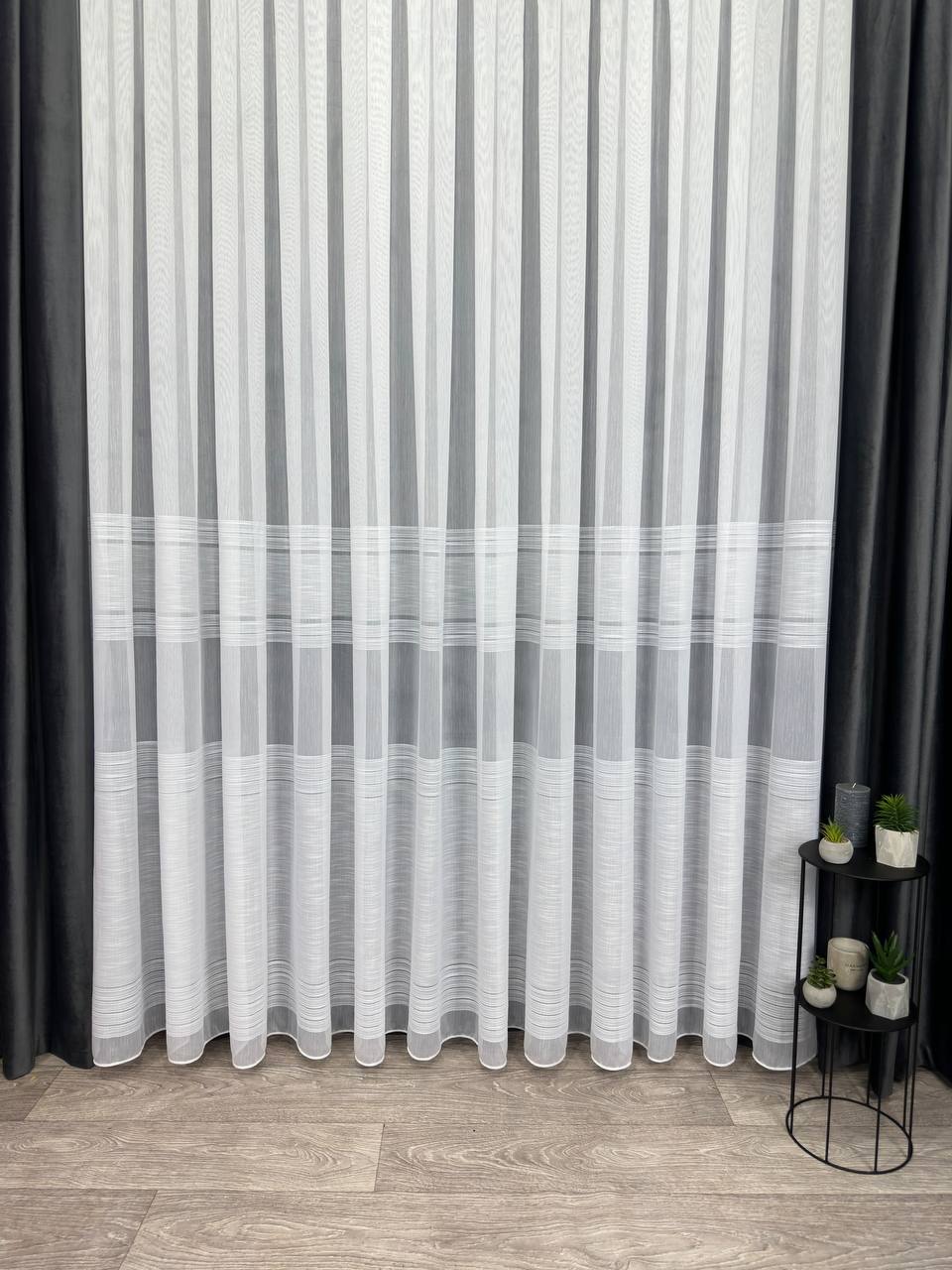 Bamboo-based sheer curtain with linen stripes, white color
