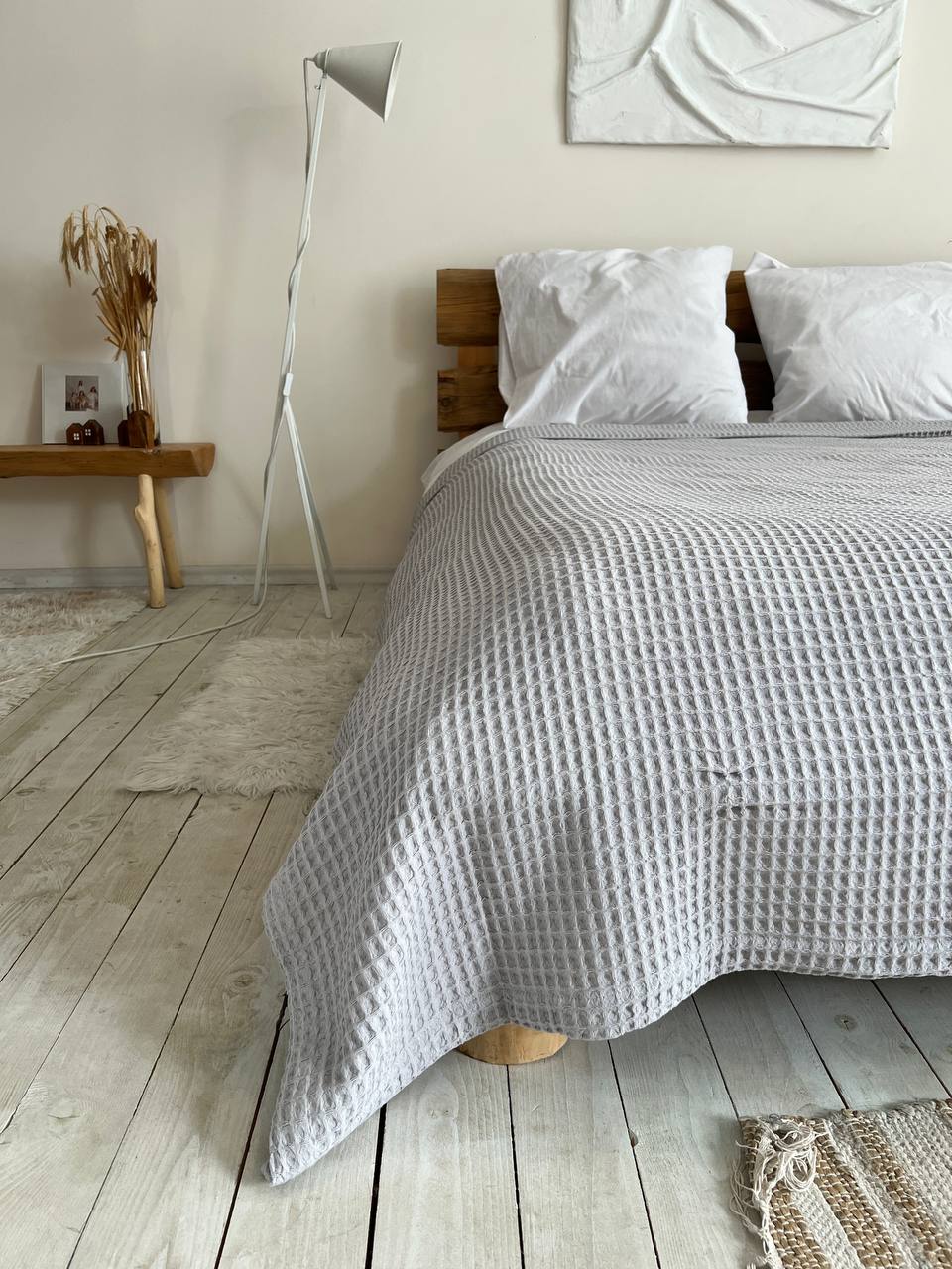 Waffle bedspread, 100% cotton, grey color