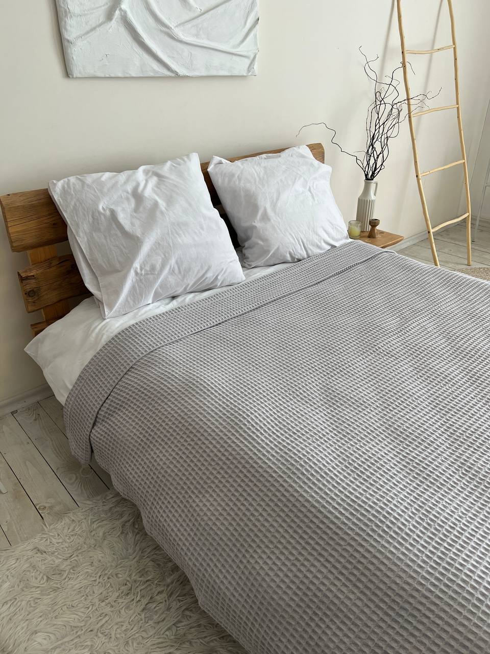 Waffle bedspread, 100% cotton, grey color