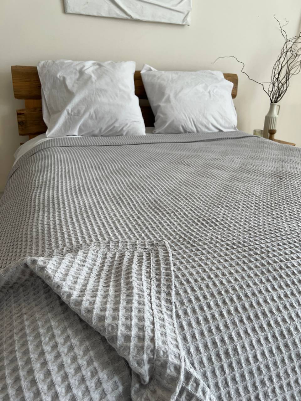 Waffle bedspread, 100% cotton, grey color