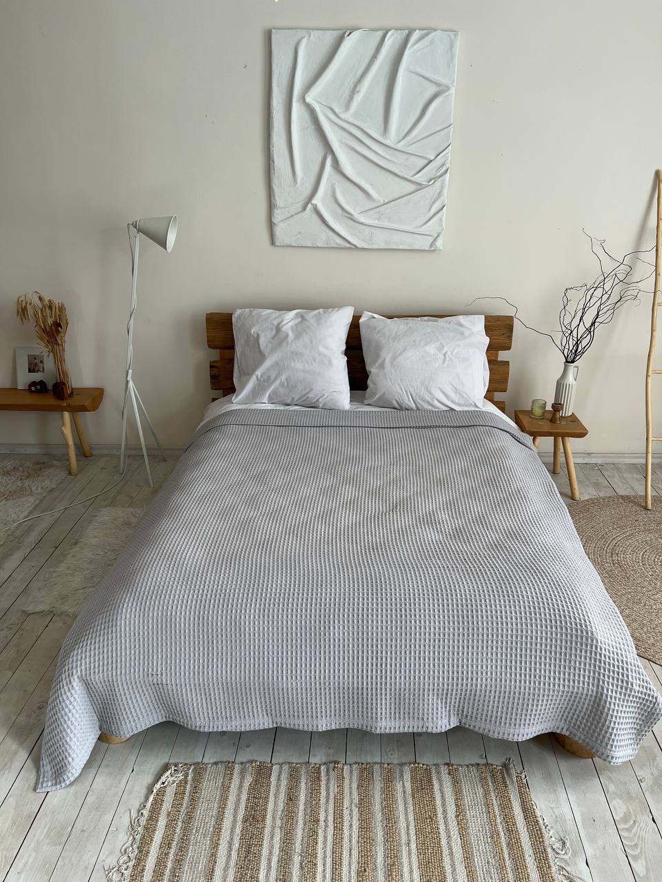 Waffle bedspread, 100% cotton, grey color