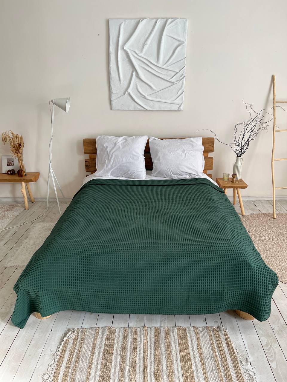 Waffle bedspread, 100% cotton, emerald green color