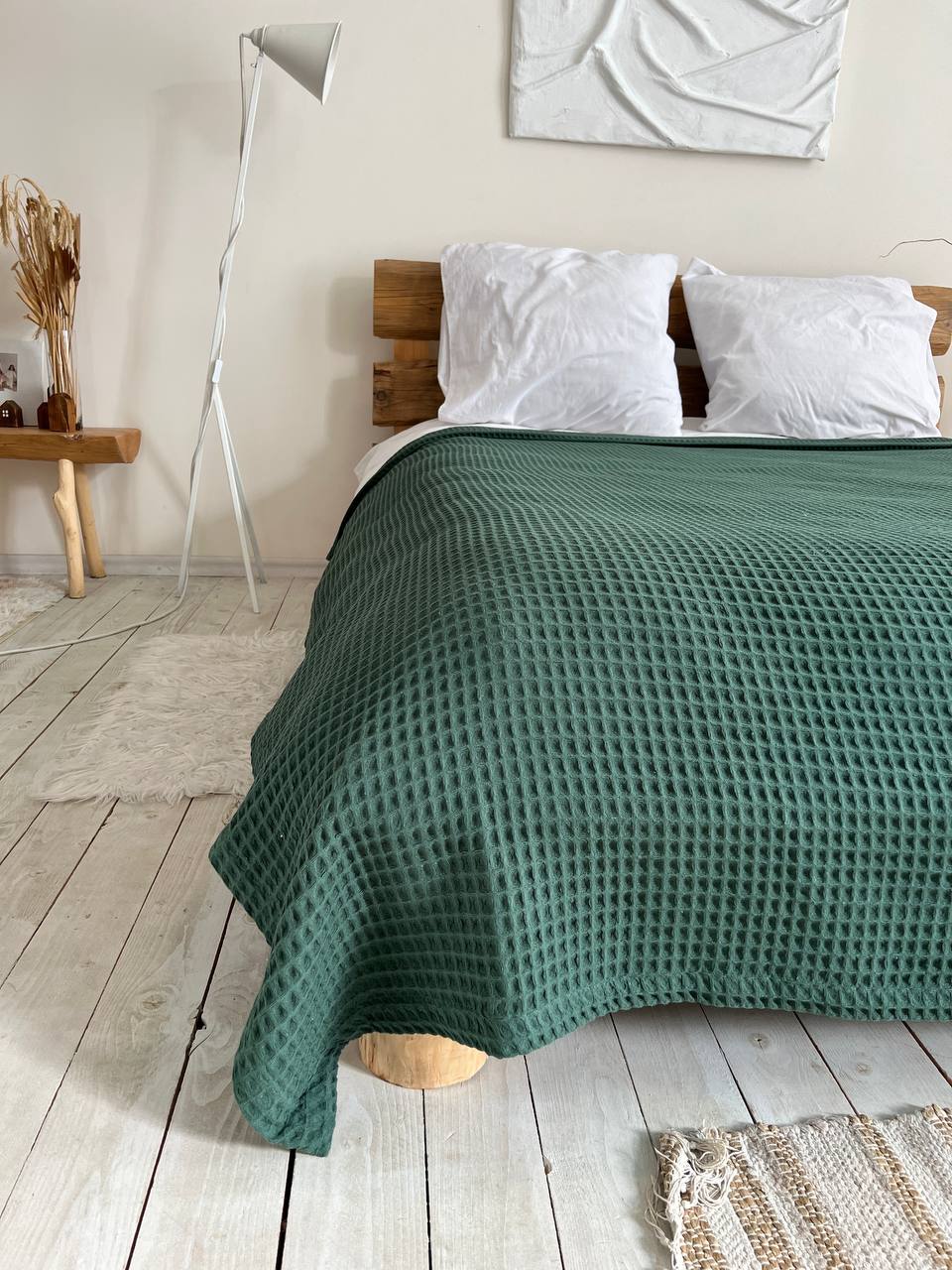 Waffle bedspread, 100% cotton, emerald green color
