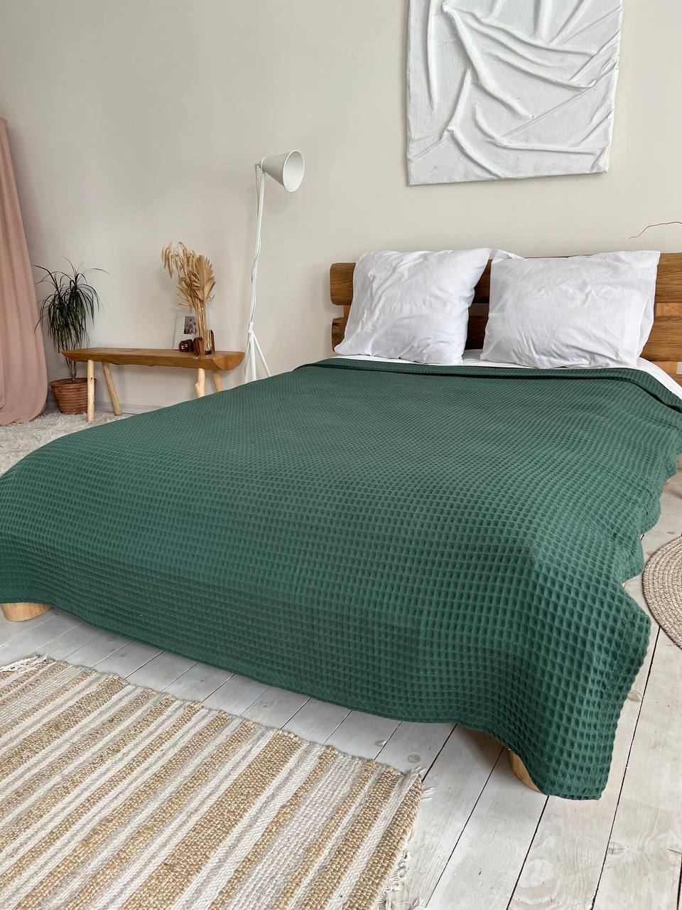 Waffle bedspread, 100% cotton, emerald green color