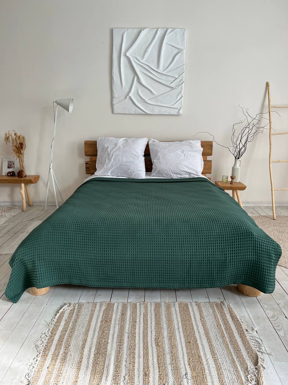 Waffle bedspread, 100% cotton, emerald green color