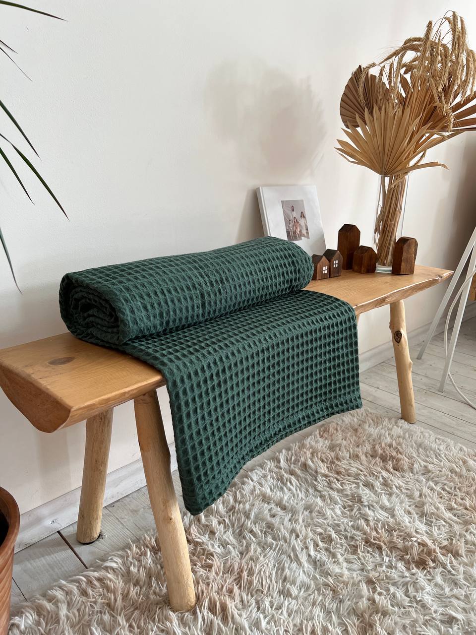 Waffle bedspread, 100% cotton, emerald green color