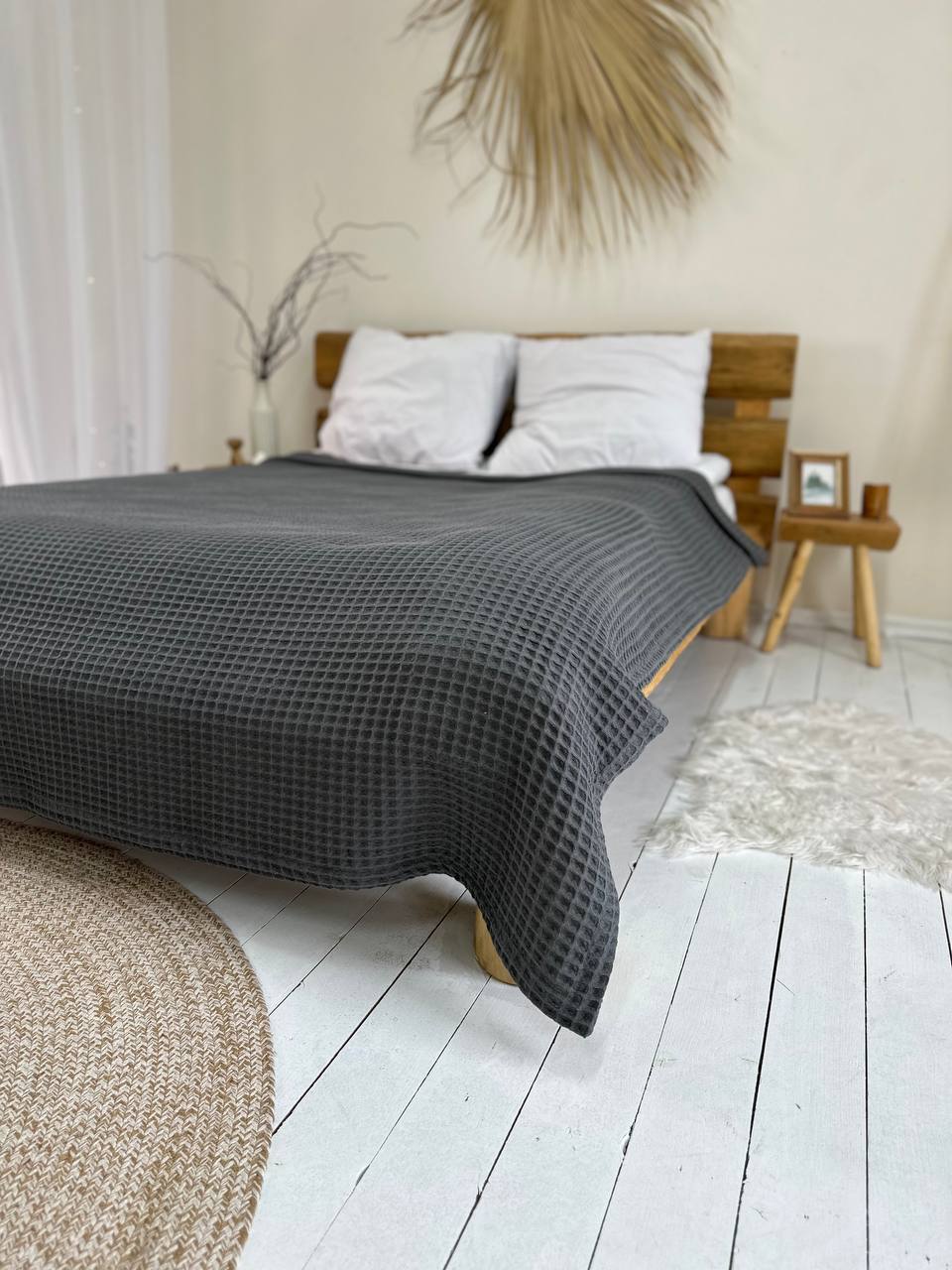 Waffle bedspread, 100% cotton, graphite color