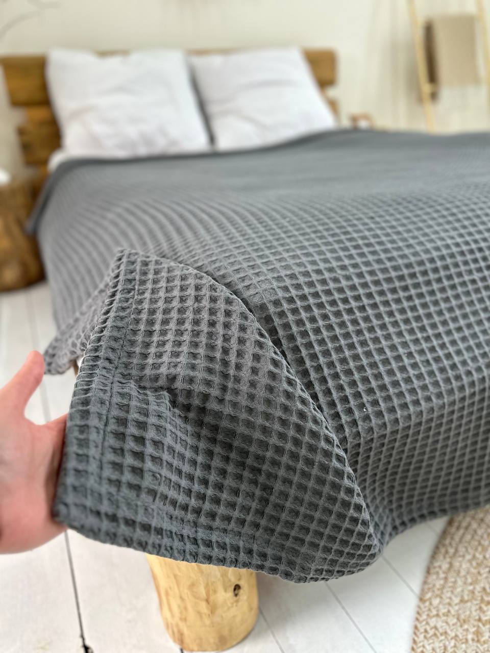 Waffle bedspread, 100% cotton, graphite color
