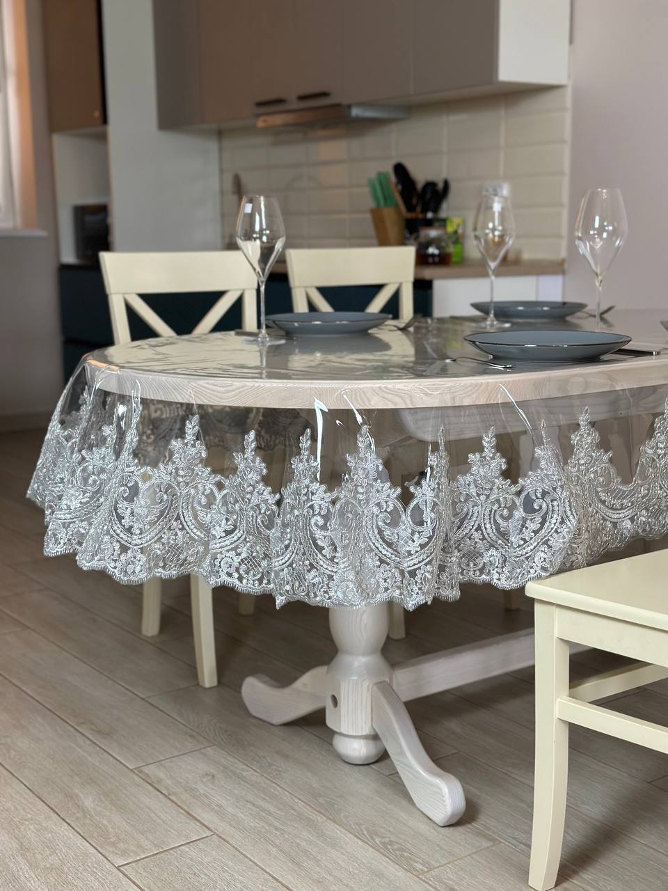 Silicone tablecloth with kings lace, color: Silver (custom size or standard size)