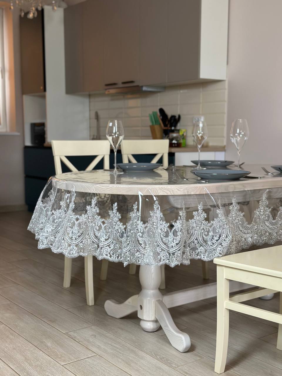 Silicone tablecloth with kings lace, color: Silver (custom size or standard size)