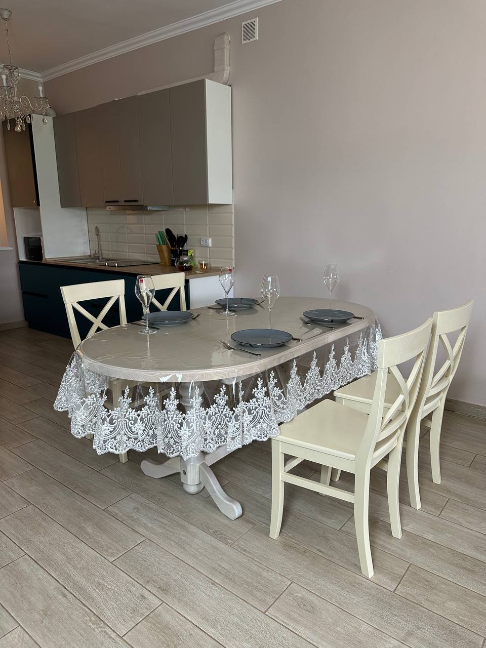 Silicone tablecloth with kings lace, color: Milk (custom size or standard size)