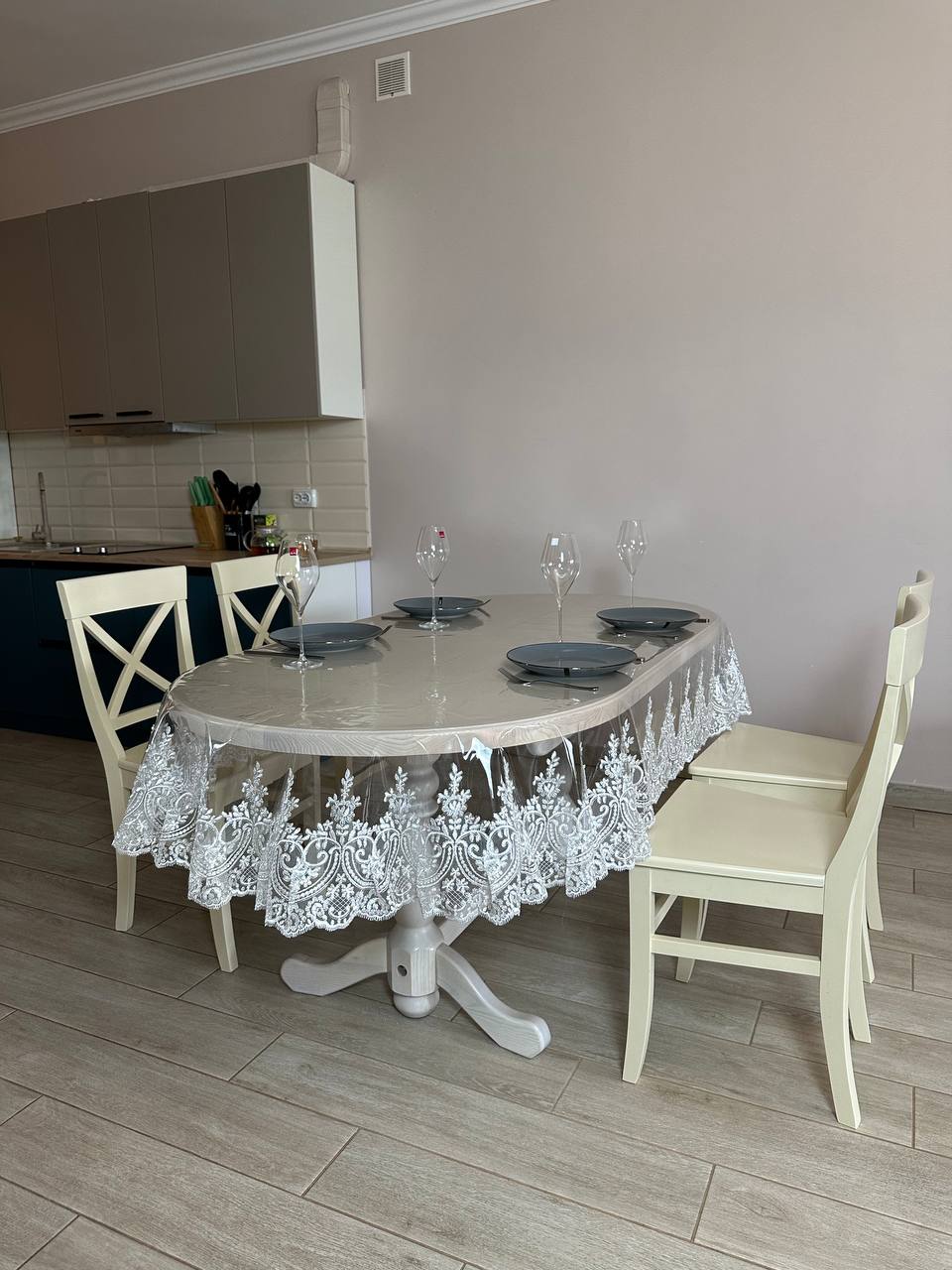 Silicone tablecloth with kings lace, color: Milk (custom size or standard size)