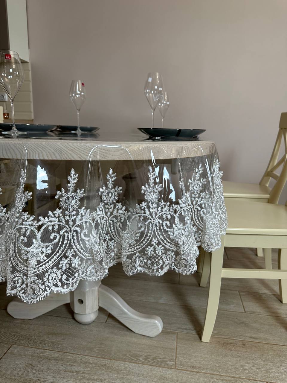 Silicone tablecloth with kings lace, color: Milk (custom size or standard size)