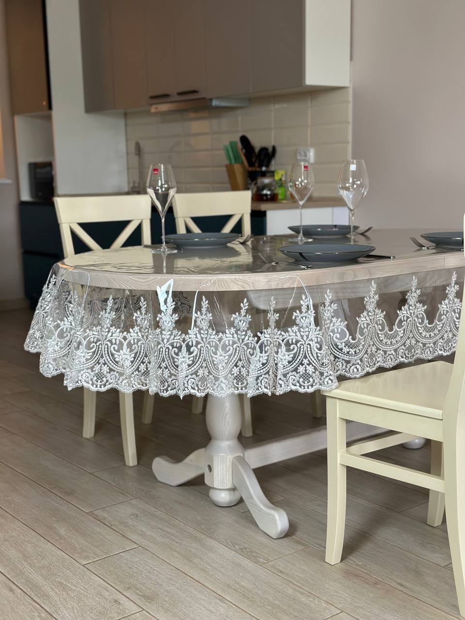 Silicone tablecloth with kings lace, color: Milk (custom size or standard size)