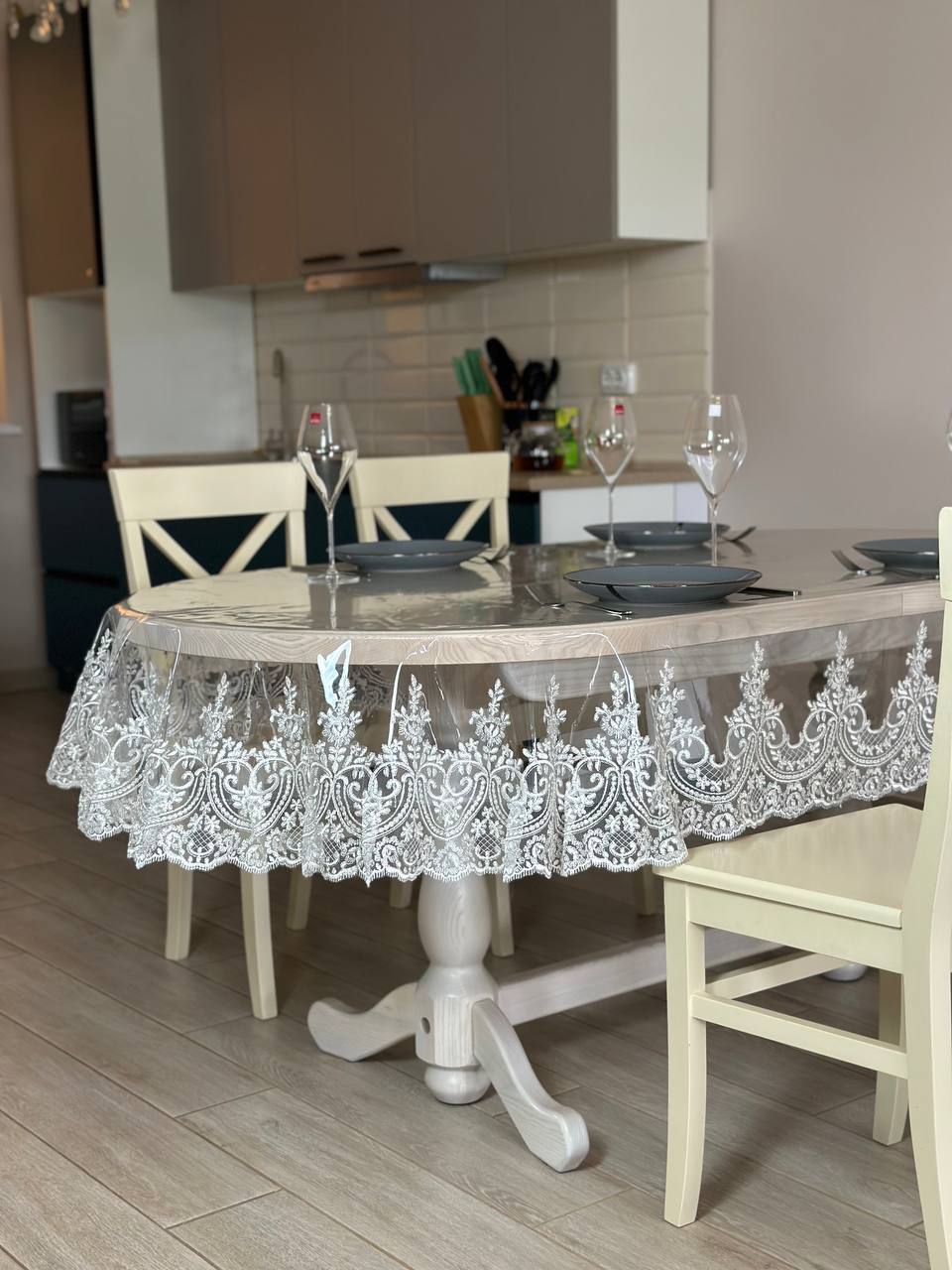 Silicone tablecloth with kings lace, color: Milk (custom size or standard size)