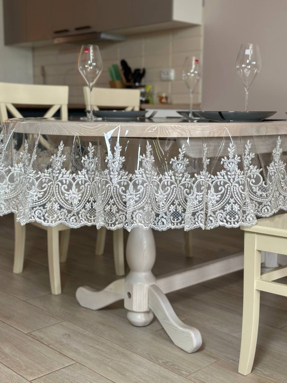 Silicone tablecloth with kings lace, color: Milk (custom size or standard size)