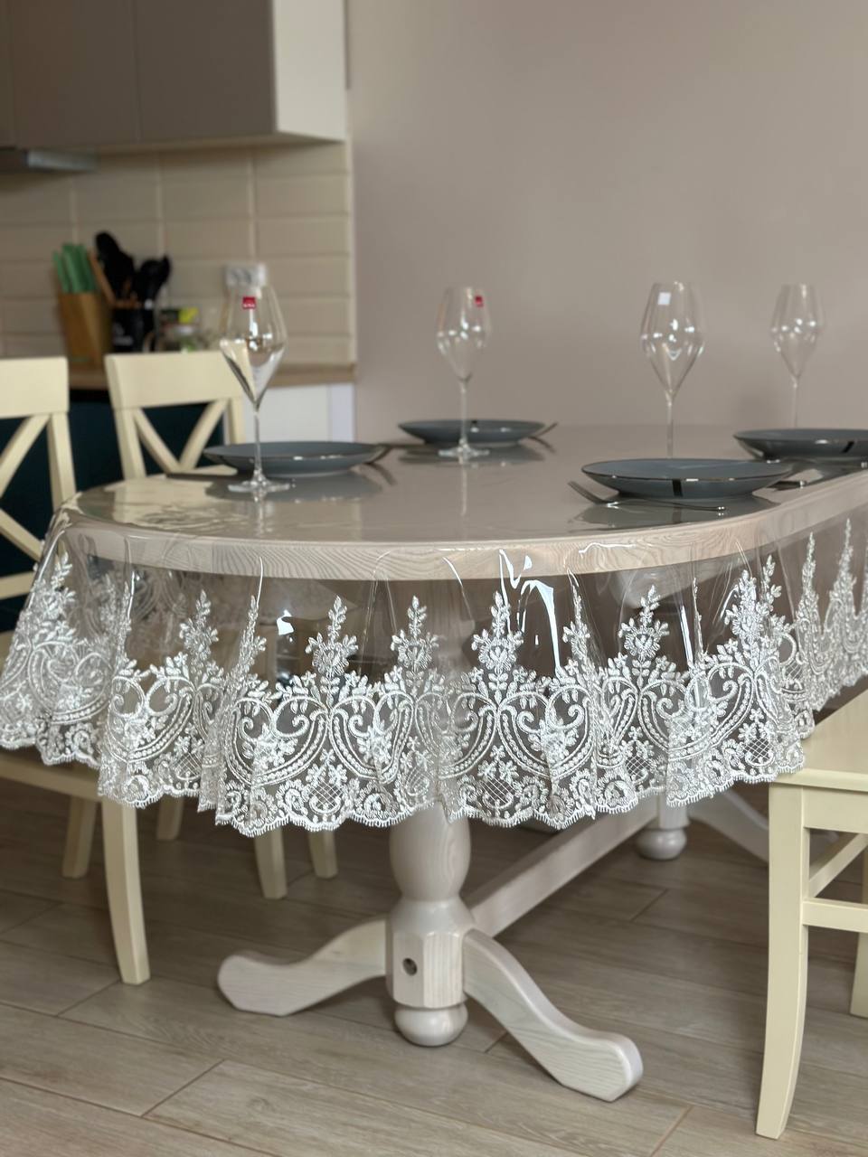 Silicone tablecloth with kings lace, color: Milk (custom size or standard size)