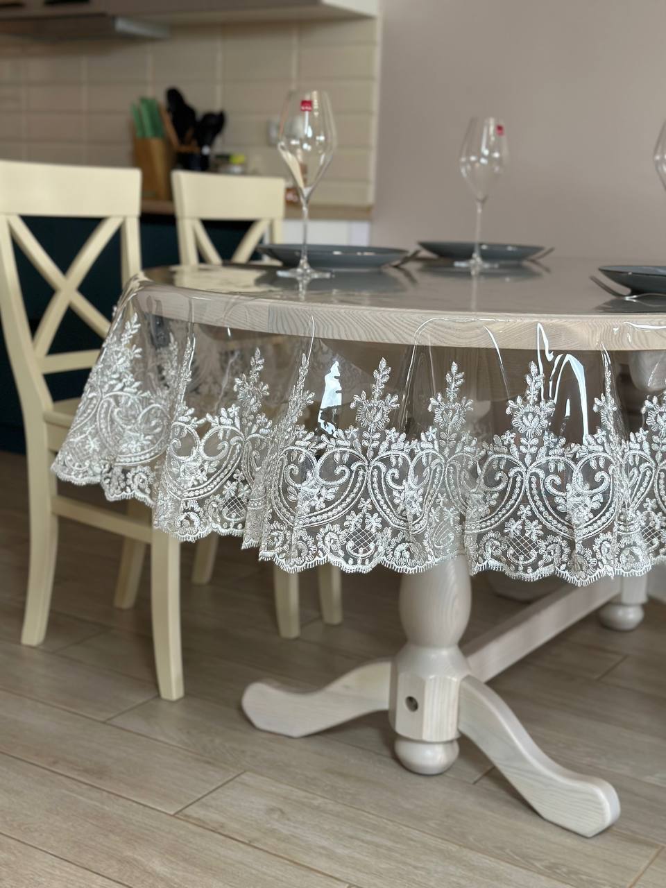 Silicone tablecloth with kings lace, color: Milk (custom size or standard size)