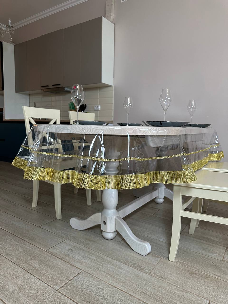 Tablecloth silicone with stones 2 ribbon, color Gold (Custom or standard size)