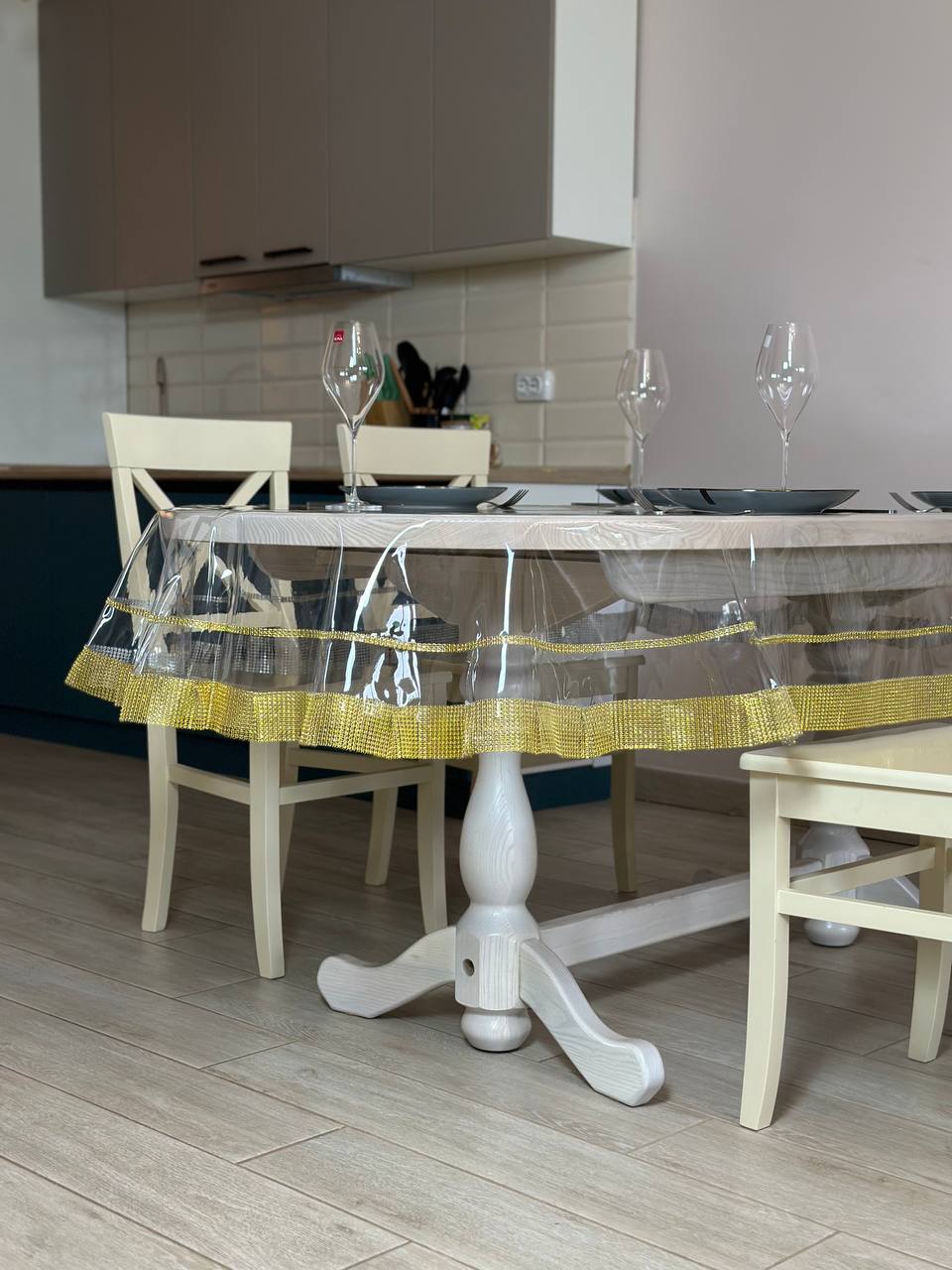 Tablecloth silicone with stones 2 ribbon, color Gold (Custom or standard size)