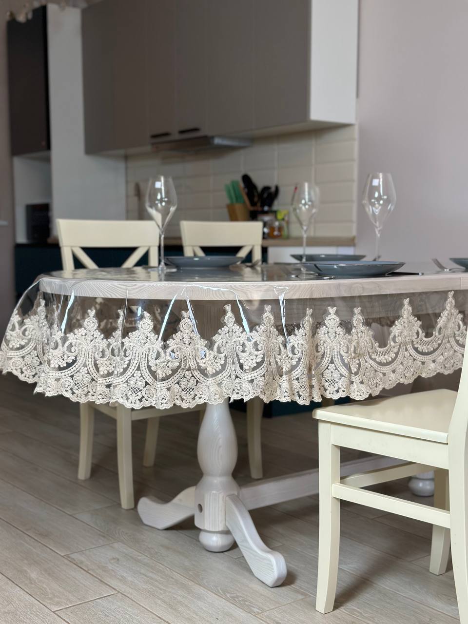 Silicone tablecloth with lace Emperor, color: Champagne (beige) (custom size or standard size)