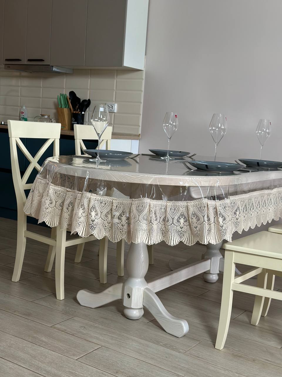 Silicone tablecloth with Versailles lace, color: Cappuccino (custom size or standard size)