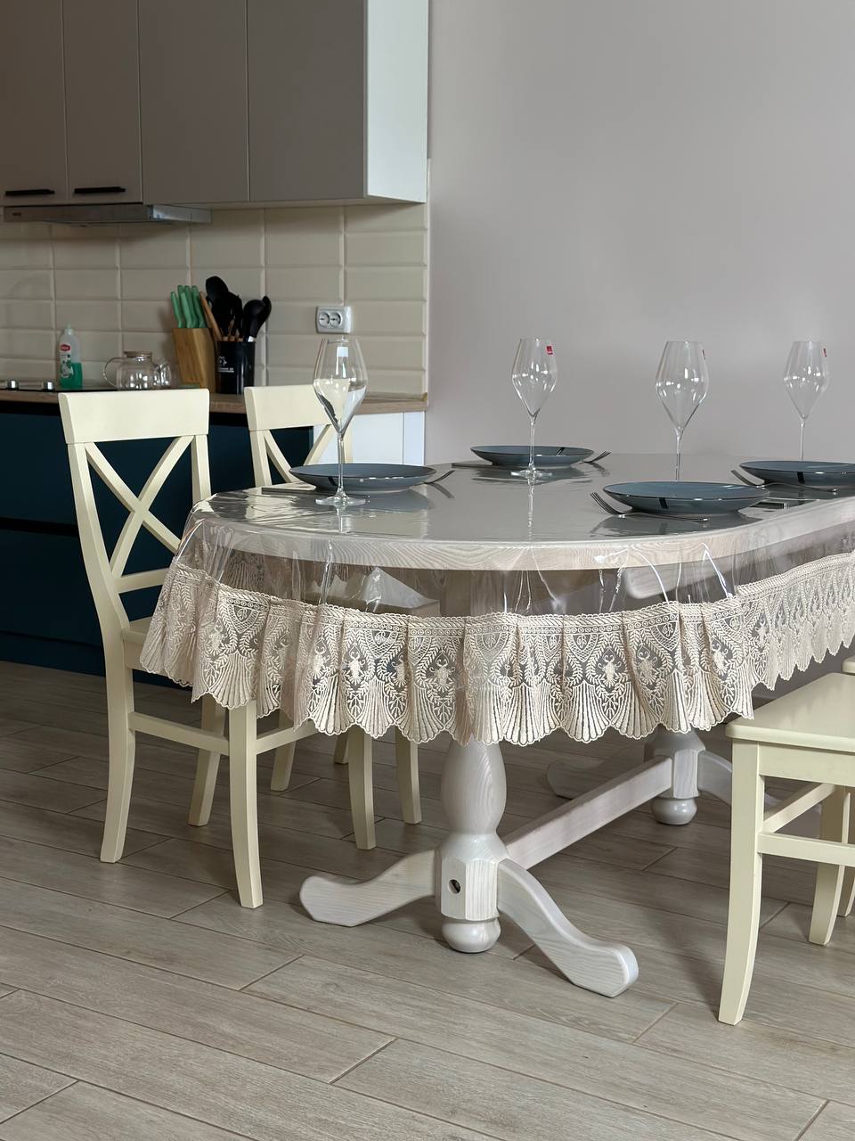 Silicone tablecloth with Versailles lace, color: Cappuccino (custom size or standard size)