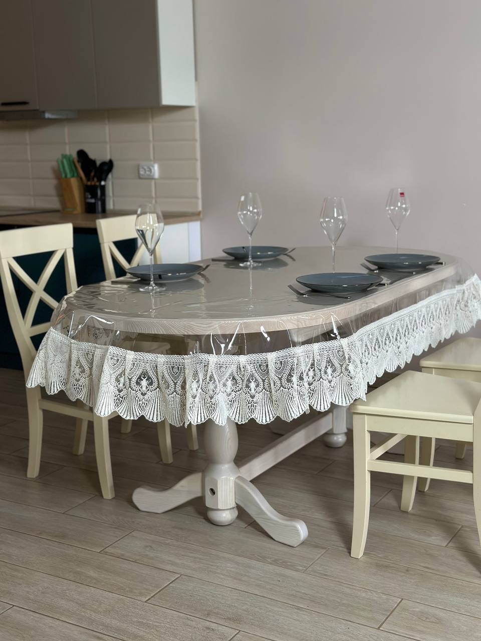 Silicone tablecloth with Versailles lace, color: Milk (custom size or standard size)