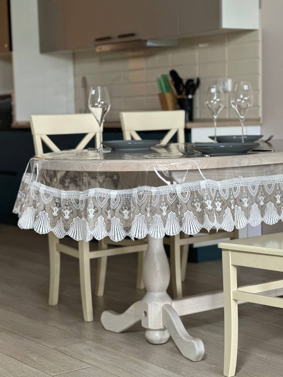 Silicone tablecloth with Versailles lace, 2 colors: milk and Cappuccino (custom size or standard size)