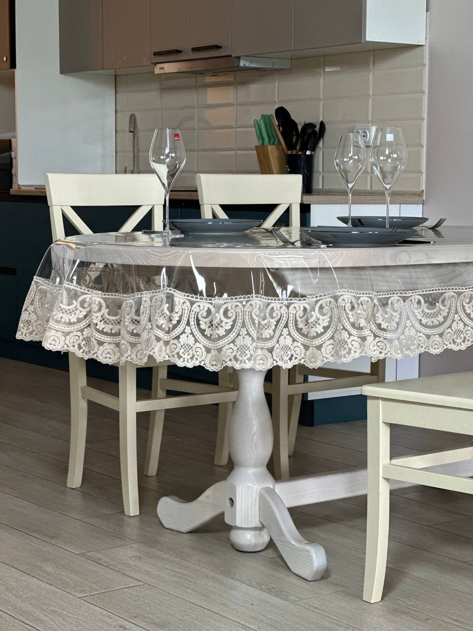 Silicone tablecloth with Vinzelles lace, color: Cappuccino (custom size or standard size)