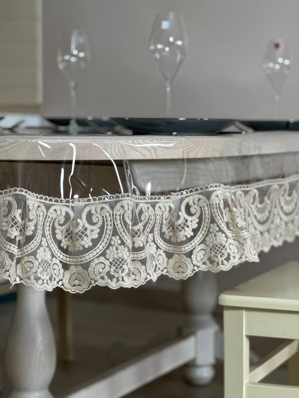 Silicone tablecloth with Vinzelles lace, color: Cappuccino (custom size or standard size)