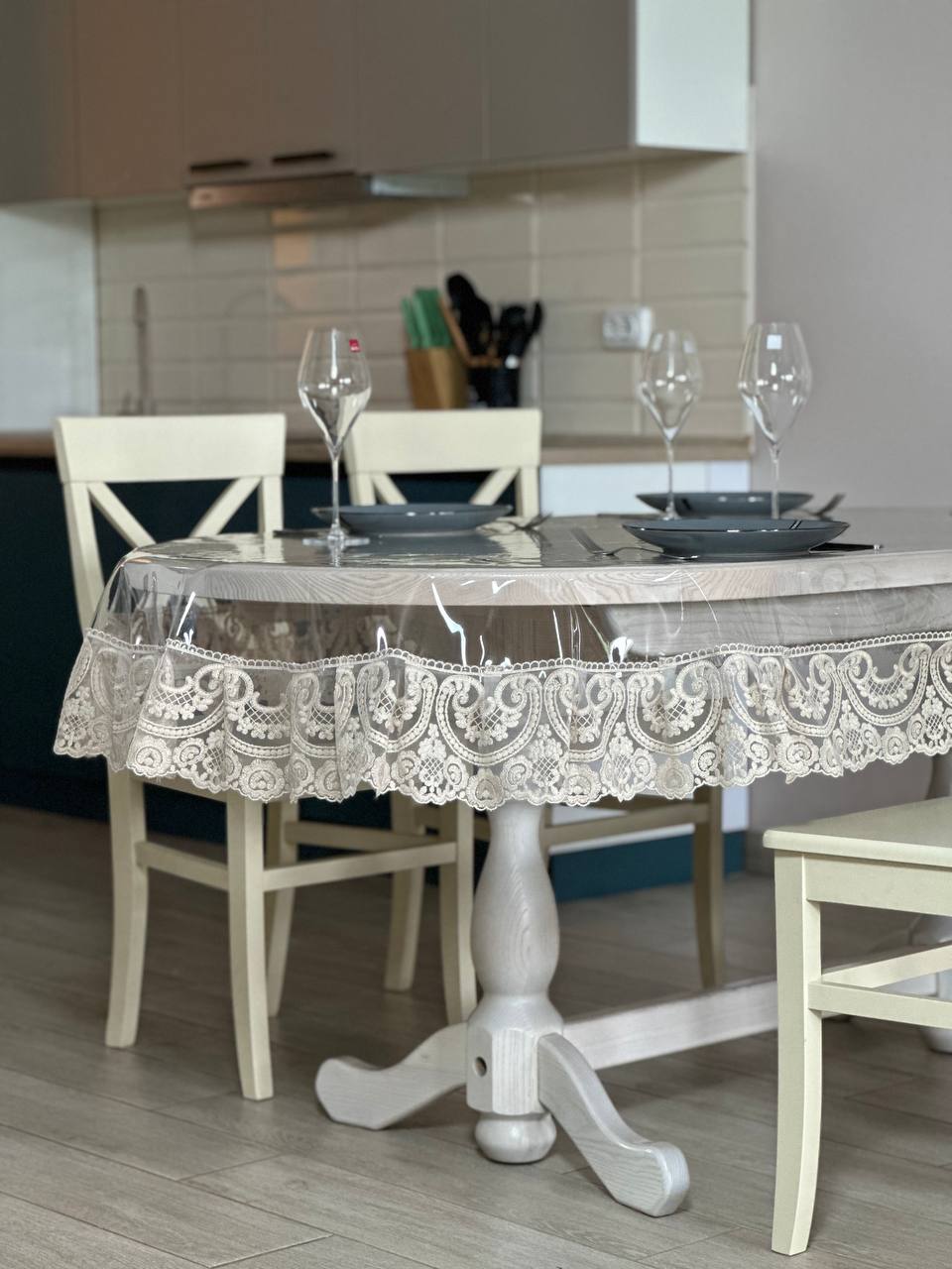 Silicone tablecloth with Vinzelles lace, color: Cappuccino (custom size or standard size)
