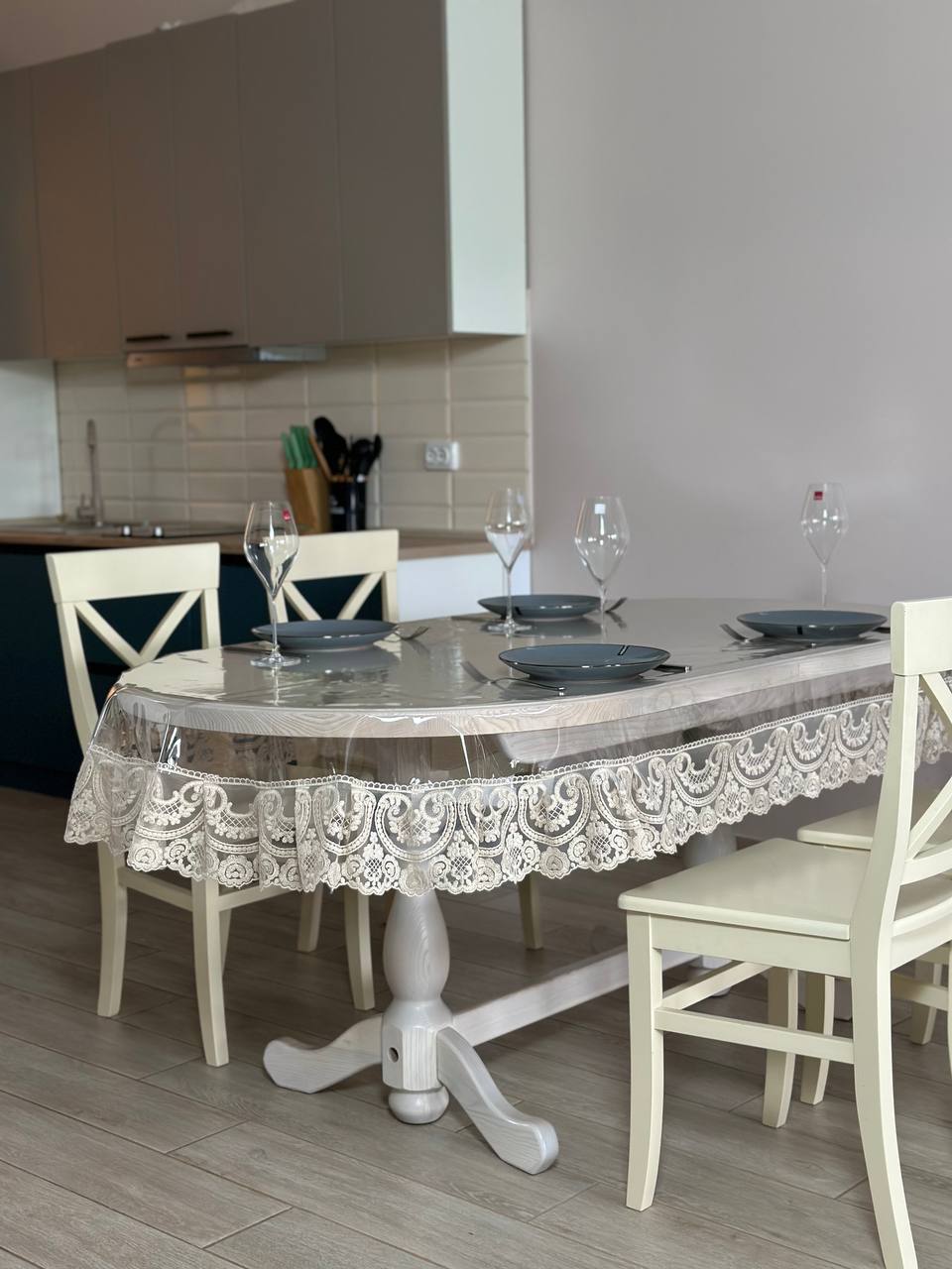Silicone tablecloth with Vinzelles lace, color: Cappuccino (custom size or standard size)
