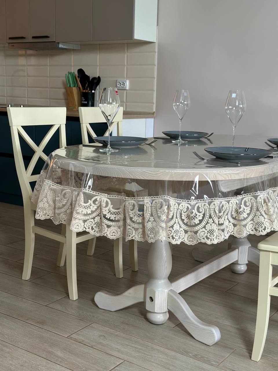 Silicone tablecloth with Vinzelles lace, color: Cappuccino (custom size or standard size)