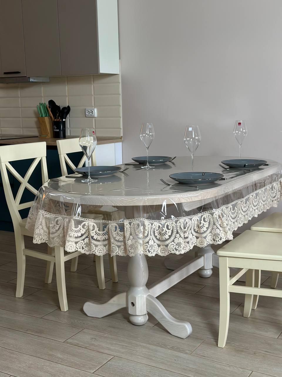 Silicone tablecloth with Vinzelles lace, color: Cappuccino (custom size or standard size)