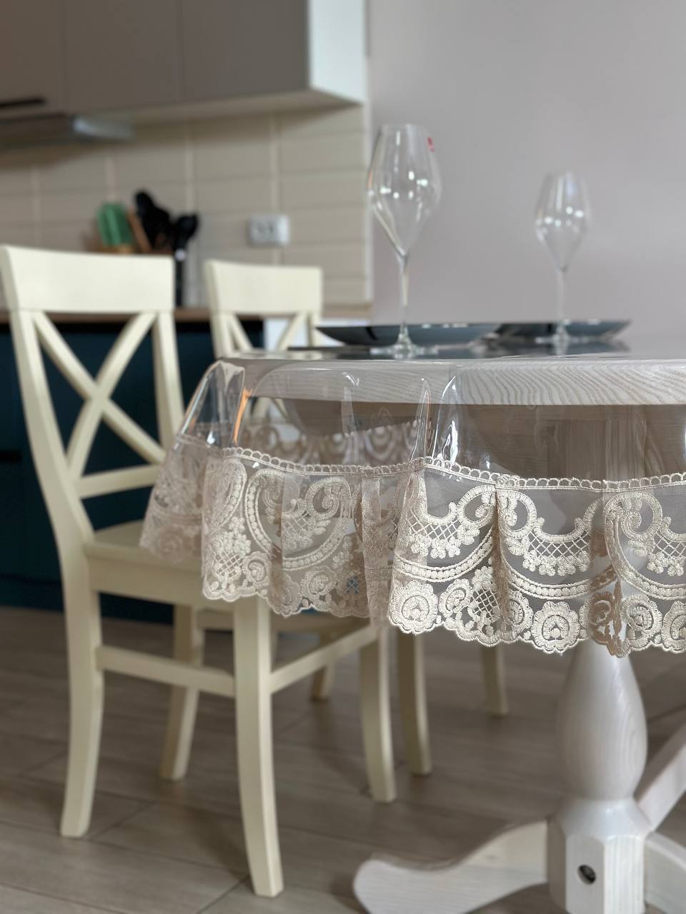 Silicone tablecloth with Vinzelles lace, color: Cappuccino (custom size or standard size)