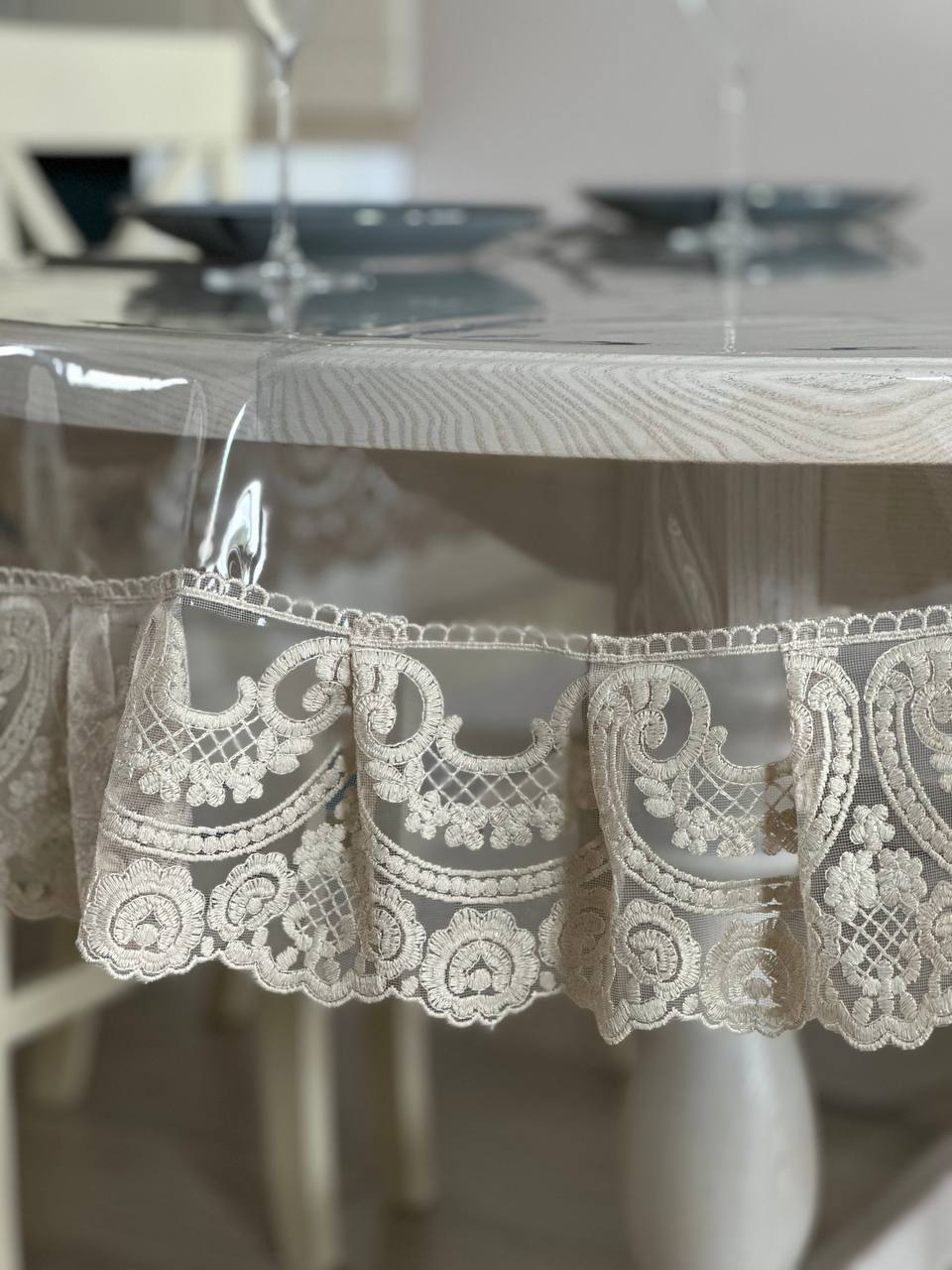 Silicone tablecloth with Vinzelles lace, color: Cappuccino (custom size or standard size)