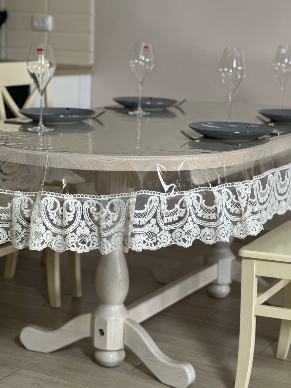 Silicone tablecloth with Vinzelles lace, color: Milk (custom size or standard size)