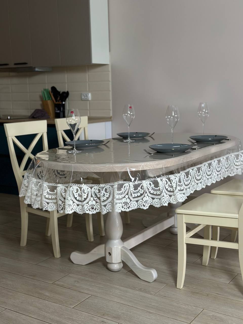 Silicone tablecloth with Vinzelles lace, color: Milk (custom size or standard size)