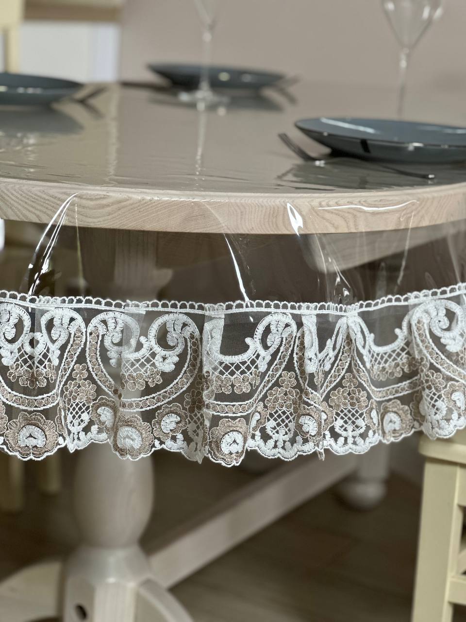 Silicone tablecloth with Vinzelles lace, 2 colors: milk and Cappuccino (custom size or standard size)