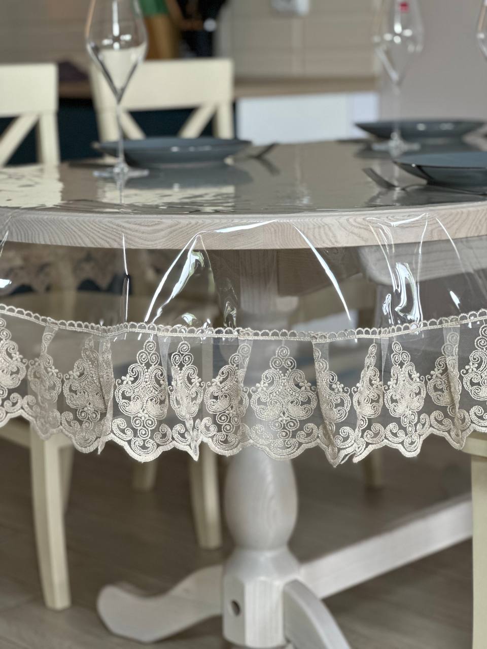 Silicone tablecloth with Richelieu lace, color: Cappuccino (custom size or standard size)