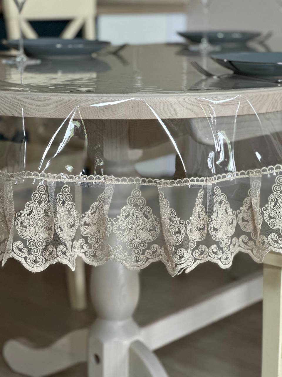 Silicone tablecloth with Richelieu lace, color: Cappuccino (custom size or standard size)